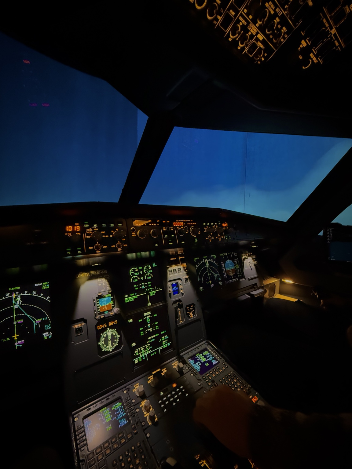 Stefan’s own photograph of the flight simulator cockpit, instrument panels and overhead controls